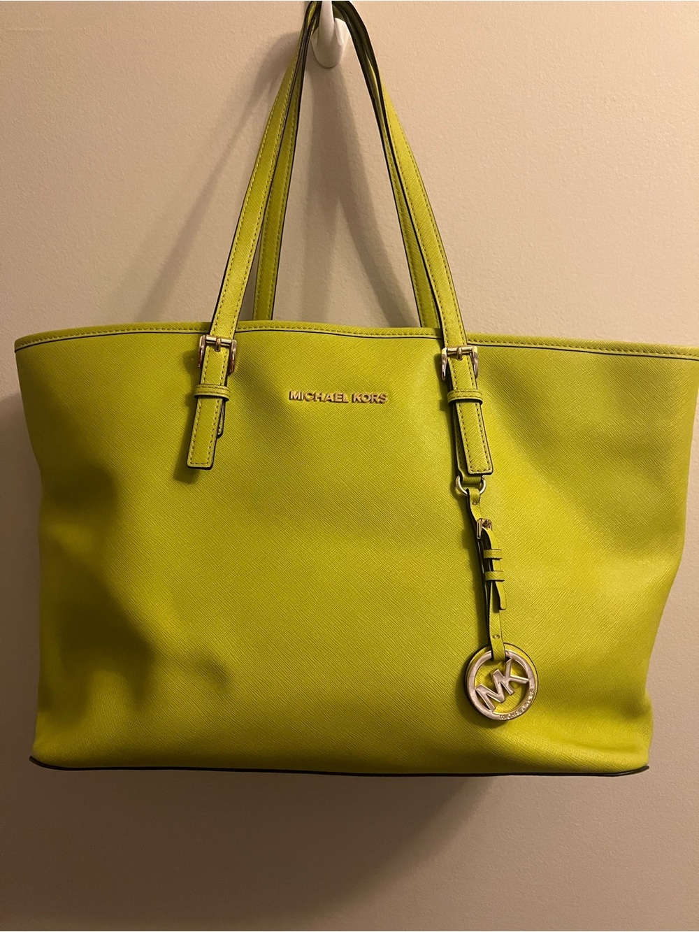 Michael Kors Lime Saffiano Leather Tote with Gold-Tone MK Charm